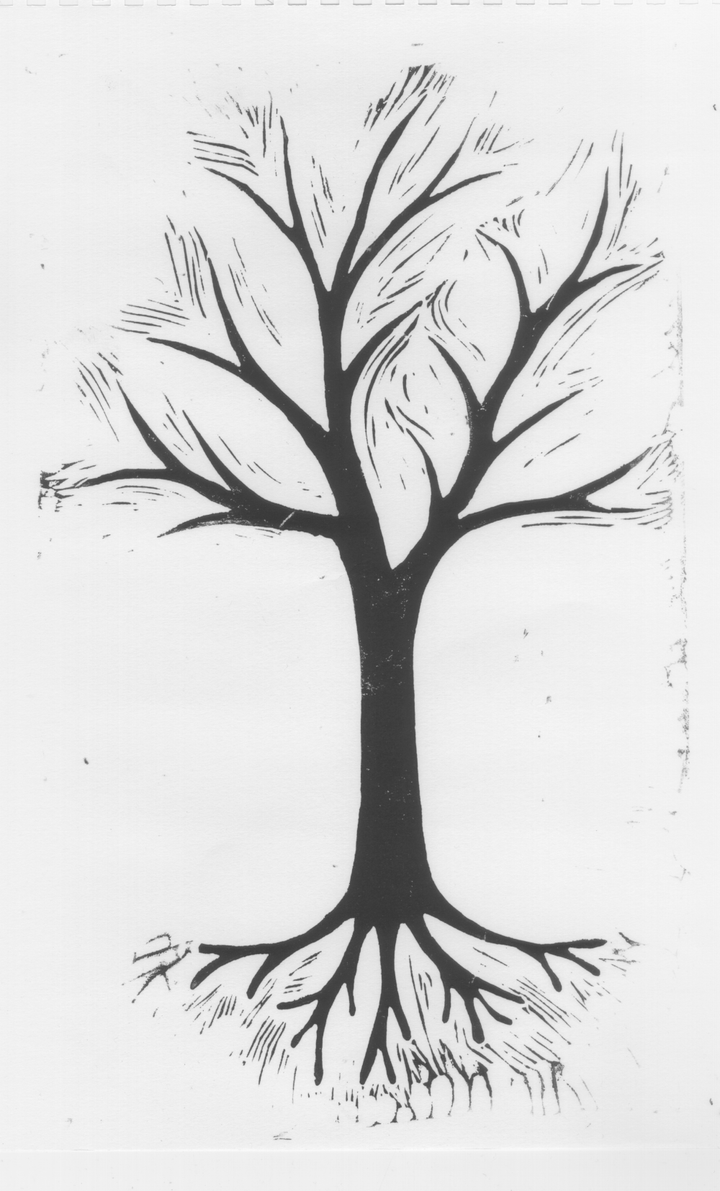 Linocut print of a tree with roots