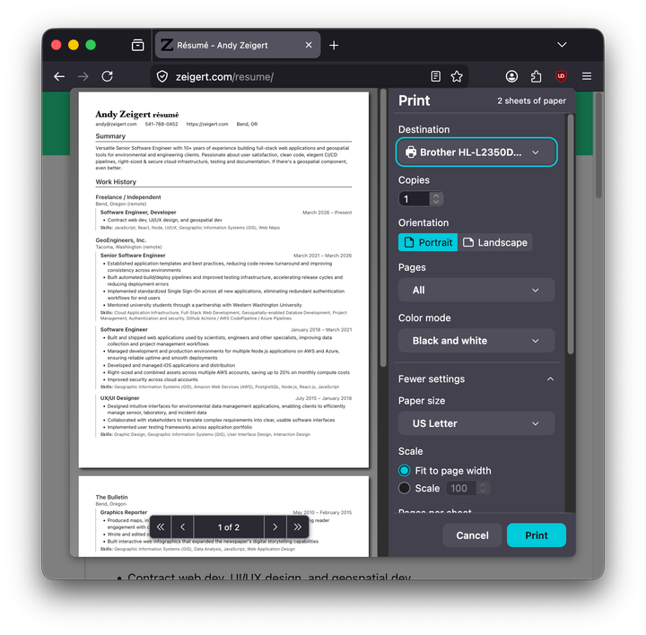 Printing a résumé straight from the web