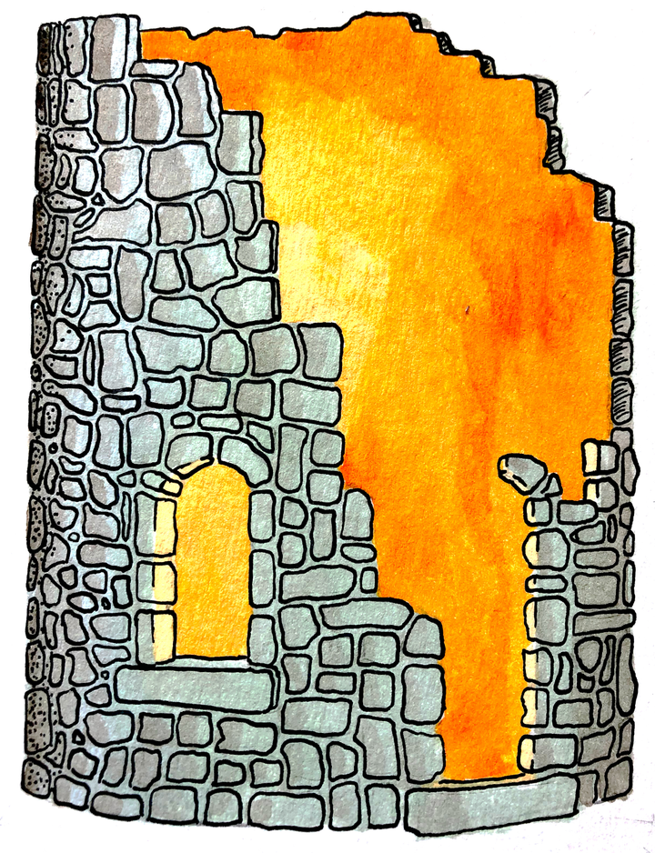 A ruin of a tower glows from within, as if a fire burns there.